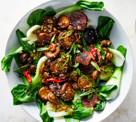 Glazed Shiitakes with Bok Choy and Hot Pepper