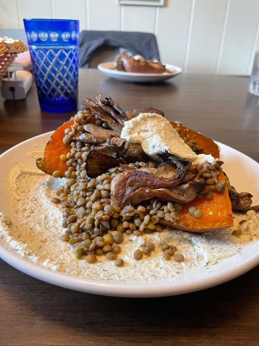 Roasted Sweet Potato and Oyster Mushrooms with Lentils and Whipped Feta